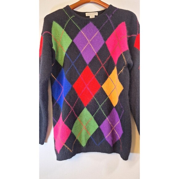 Vintage 80's 90's Casual Corner Colorful Angora Wool Blend Argyle Sweater Small - Picture 5 of 9
